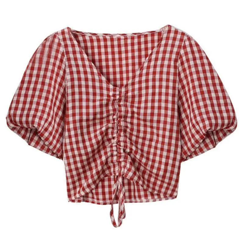 

Korean Fashion Plaid Crop Top Women Sexy Summer Drawstring Shirt Fashion Casual Ladies Short sleeve