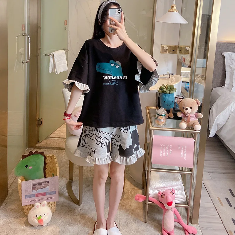 

Fresh Short Sleeves Pajamas Female Summer Pure Cotton Crocodile Loose Outfit Cute Korean Thin Ins Spring and Autumn Homewear