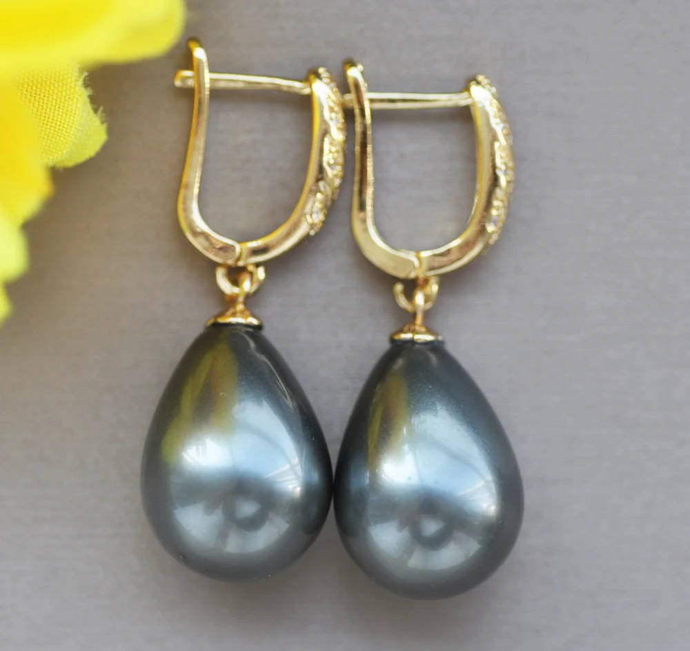 

Z10744 20mm Tahitian-Black Drop Shell Pearl Dangle Earring CZ