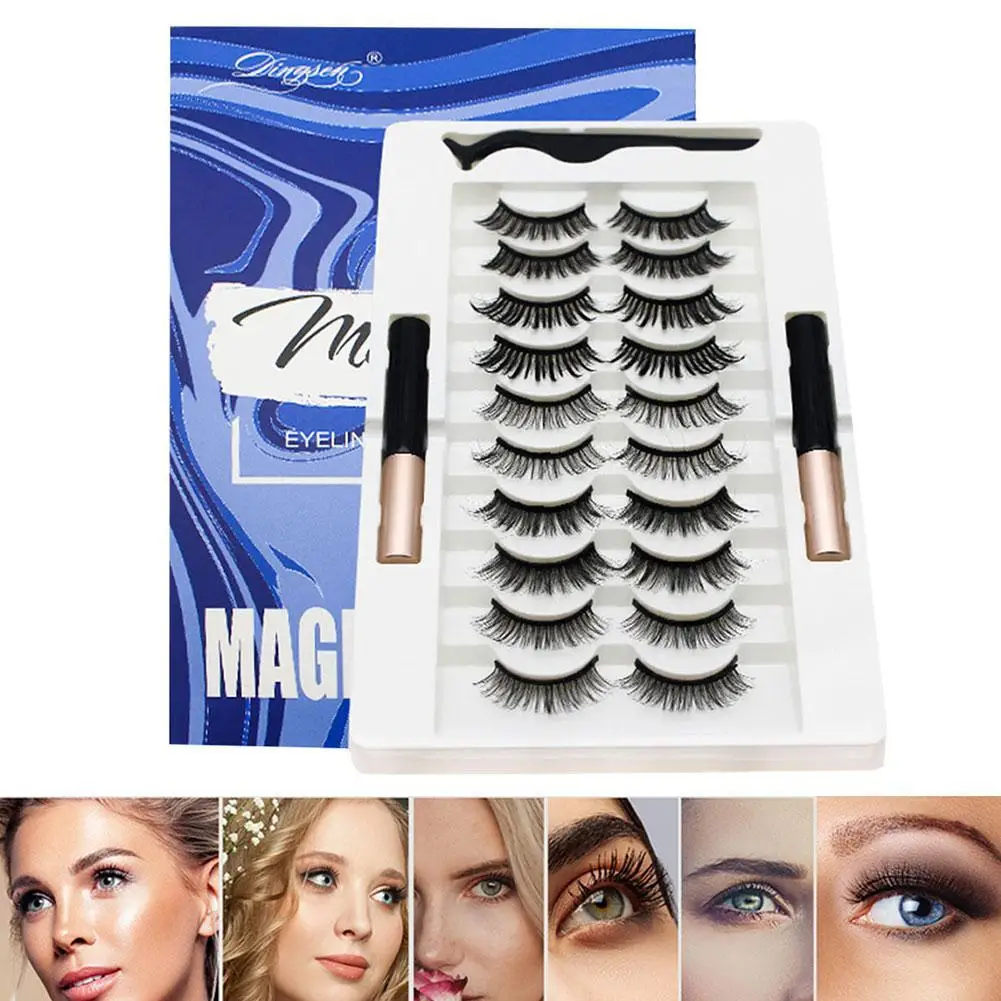 

10 Pairs False Eyelashes Magnetic Liquid Eyeliner Fake Eye Lashes With Tweezer Cosmetics Kit Makeup Full Strip Lashes
