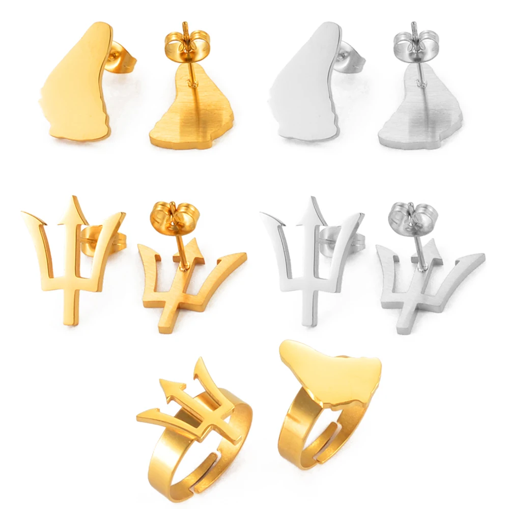 Серьги-гвоздики из нержавеющей стали с картой острова Барбадос и символом флага