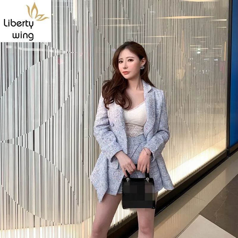 Qualities Boy Friend Vintage Womens Tweed 2Pcs Outfits Double Breasted Lapel Asymmetrical Blazer High Waist Chic Hem Hot Shorts |