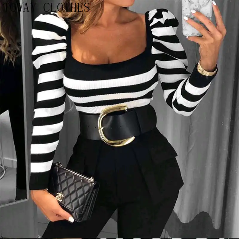 Женская Повседневная Блузка в полоску с пышными рукавами квадратный воротник