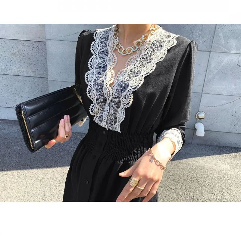 

Vintage V-neck Women's Long Dress Patchwork Lace Clothes Long Sleeve High Waist Black Dresses Female Elegant Spring 2021
