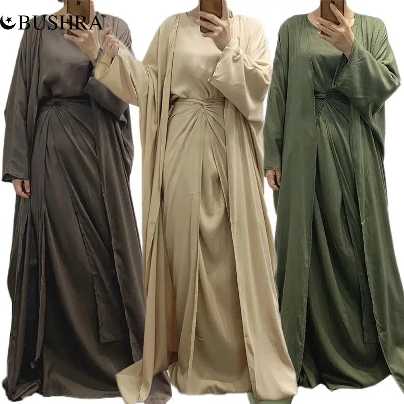 BUSHRA 3/4pcs Muslim Women Abaya Long Sleeve Maxi Dress+Cardigan+Skirt+Scarf Set Clothing Turkish Kaftan Islamic Arabic Outfit