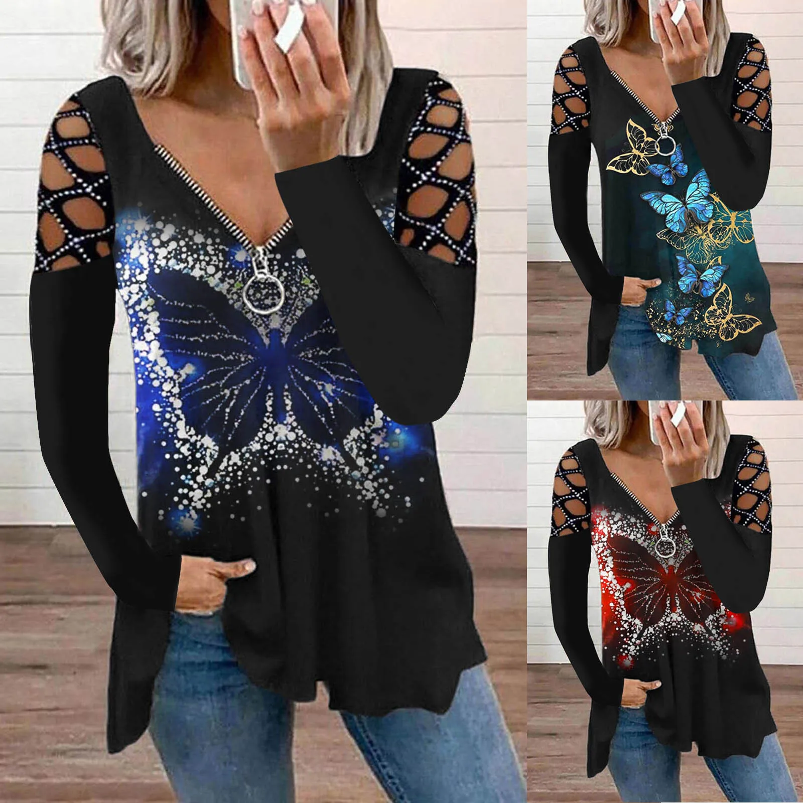 

Осенний Топ с длинным рукавом и принтом бабочки, новая футболка на молнии с V-образным вырезом, модный Свободный Тонкий женский топ, модель 811...