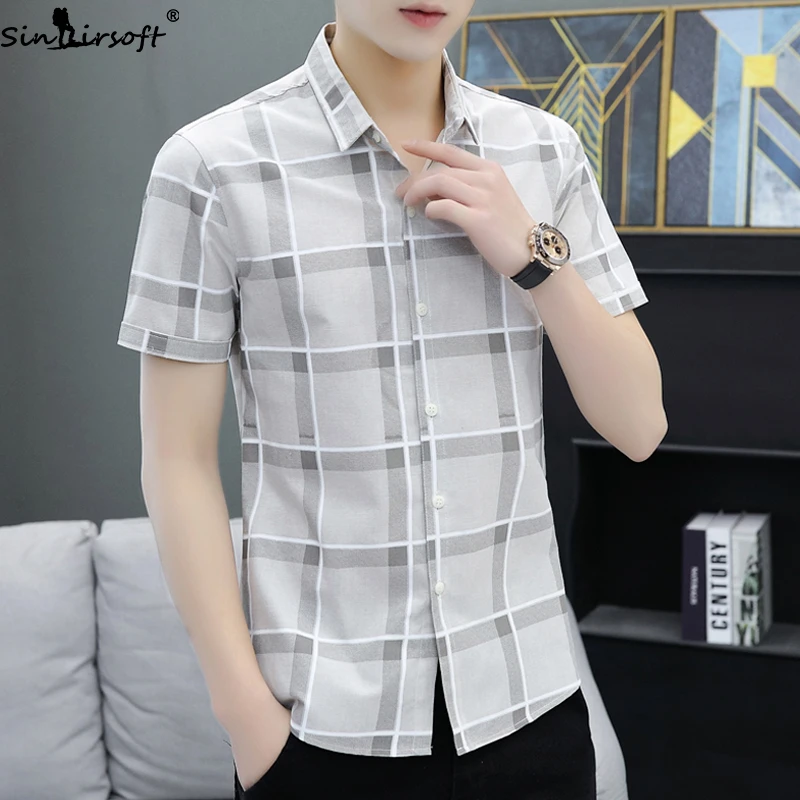 Men's Summer Slim Lapel Plaid Short Sleeve Shirt Men Cotton Soft Trend Trendy Casual Mens Teen Style | Мужская одежда