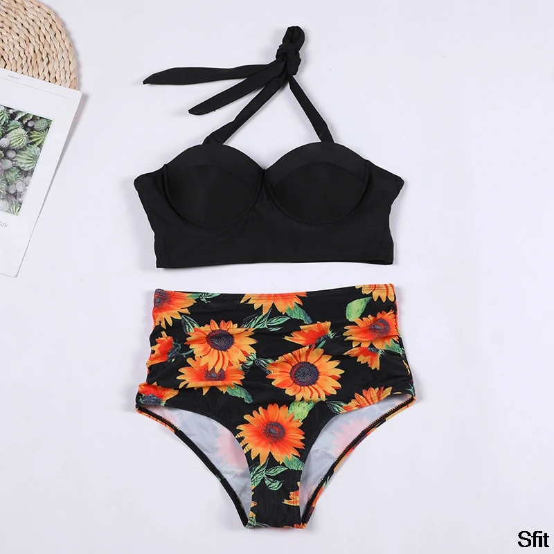 

Sexy 2020 Bikinis Women Swimsuits High Waisted Bathing Suits Swim Halter Push Up Bikini Retro Halter Ruched High Waist Bikini