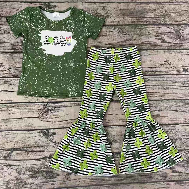 

Baby Girls St.Patrick's Day Clothes Short Sleeve Tie Dye Tops Bell-bottomed Four Leaf clover Pants Outfit Children Lucky Sets