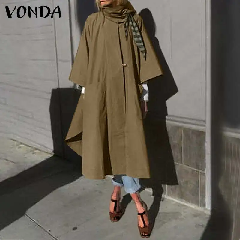 

Женское хлопковое пальто VONDA, однотонное длинное повседневное пальто с рукавом 3/4 и круглым вырезом, верхняя одежда, 2021