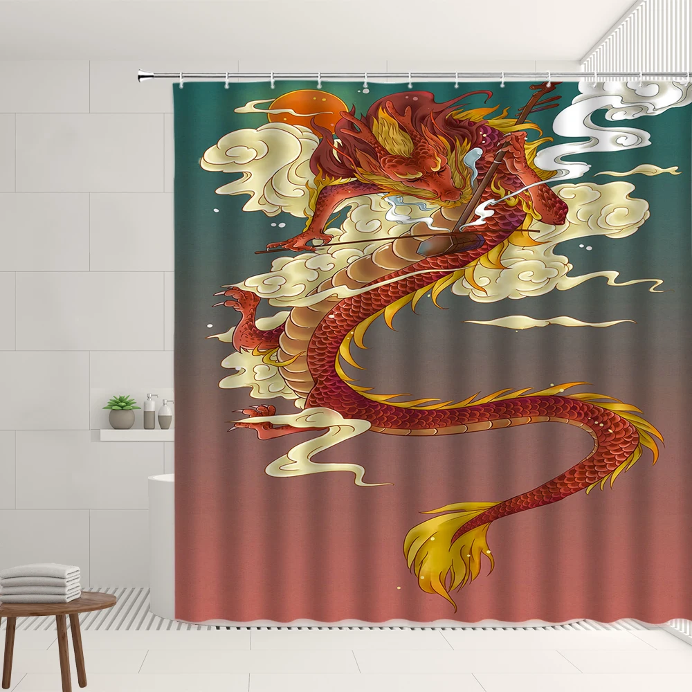 

Animal Shower Curtain Set Chinese National Wind Ancient Beast Dragon Bathroom Bathtub Decorate Screen Washable Hanging Curtains