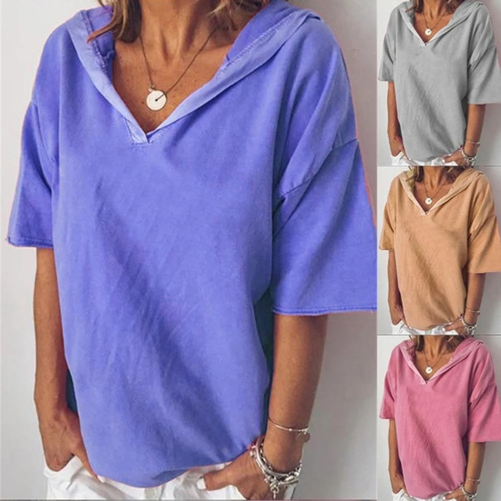 Женская Однотонная футболка с капюшоном на весну и осень Повседневная длинным