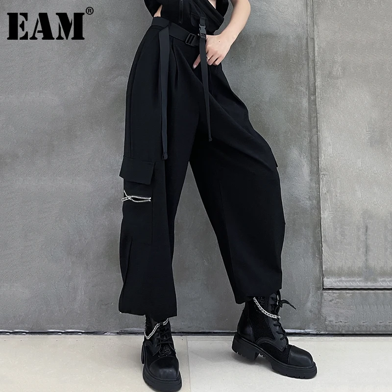 

[EAM] с эластичной резинкой на талии, с черного цвета на молнии с длинным широкие брюки новые свободные штаны для женщин, стильные весенние и л...