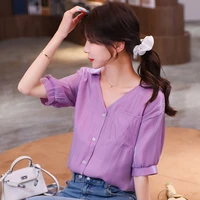 the new summer 2021 fashion leisure v neck loose shirts with short sleeves jacket female temperament