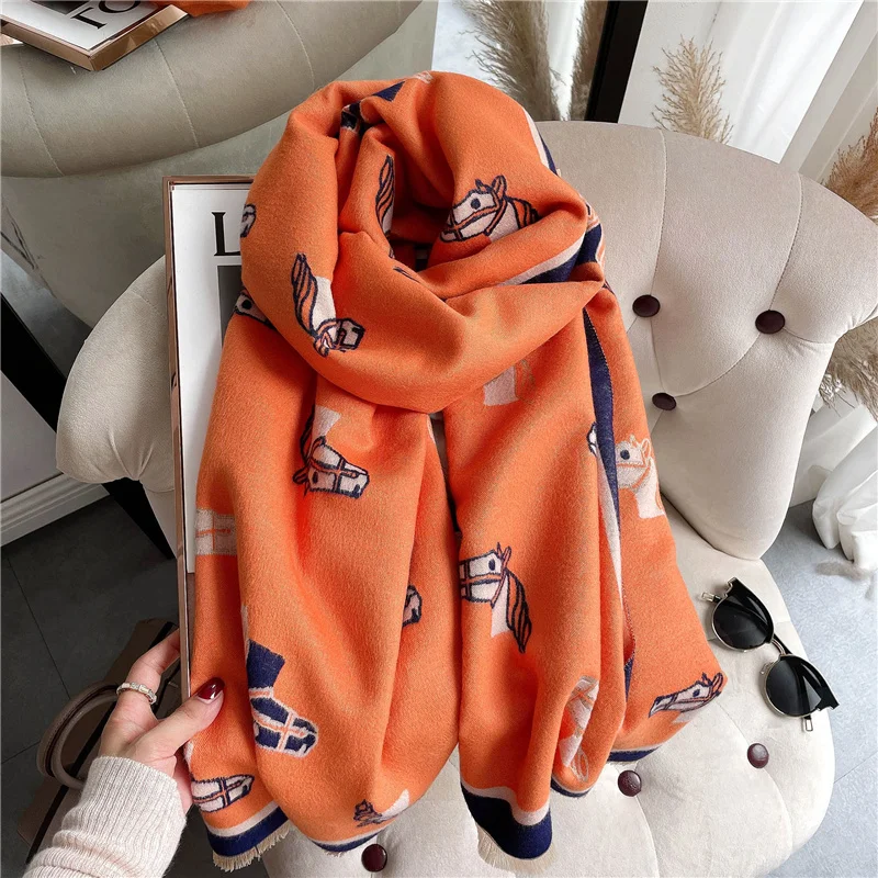 

New 2022 Warm Women Scarf Shawl Luxury Pattern Horse Solid Cashmere Pashmina Winter Thick Neck Blanket Wrpas Foulard Echarpe