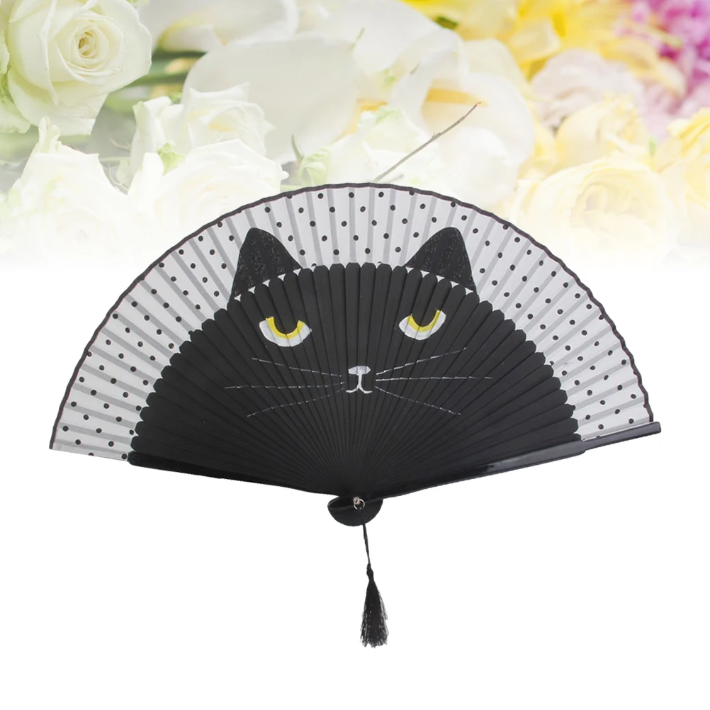 Винтажный бамбуковый складной Ручной Веер кошки шелковая ткань в японском стиле