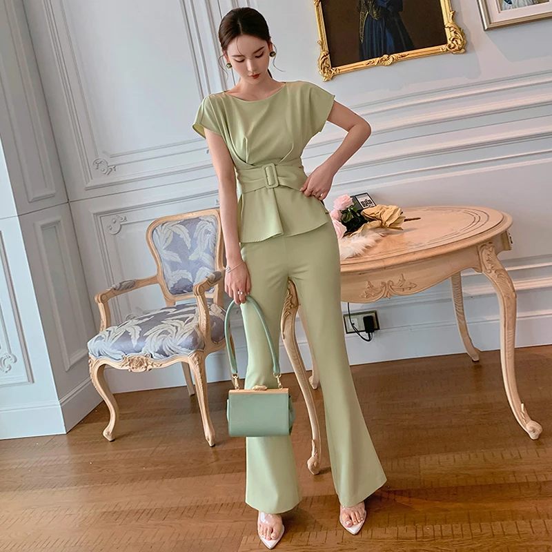 

Vintage Short Sleeve Tops Casual Women Korean Fashion OL Professional Long Flare Pants Sashes Ruffle Shirt Blouse 2 Pieces Set