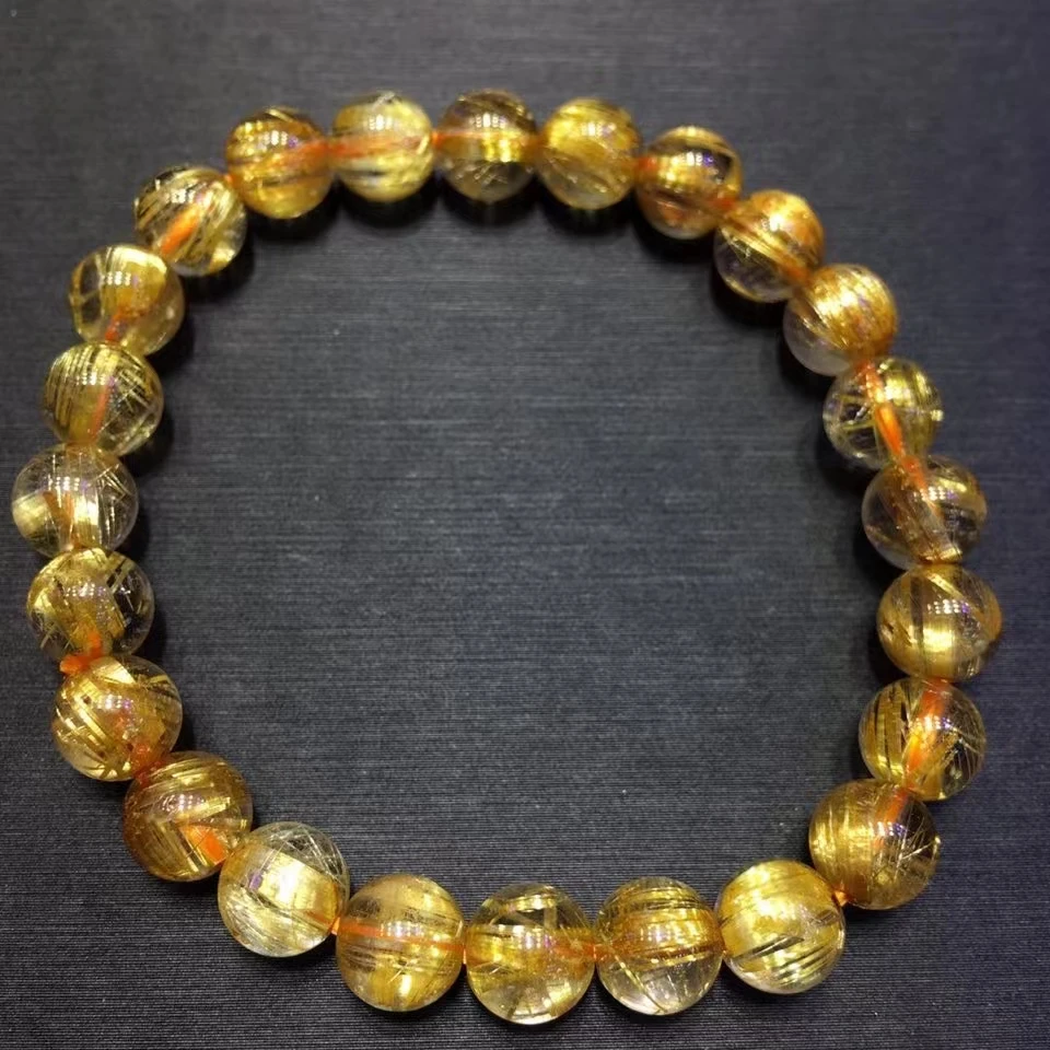 

Genuine Natural Gold Rutilated Quartz Crystal Bracelet Woman 7.3mm Clear Round Beads Jewelry Brazil AAAAA