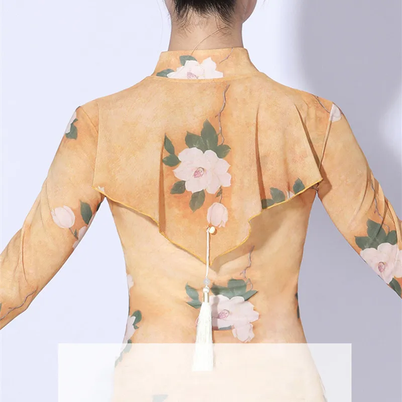 

Summer Classical Dance Clothes Gauze Printed Cheongsam Chinese Folk Dance Top Blouse Stand-Up Collar 3/4 Sleeve Side Split XXL
