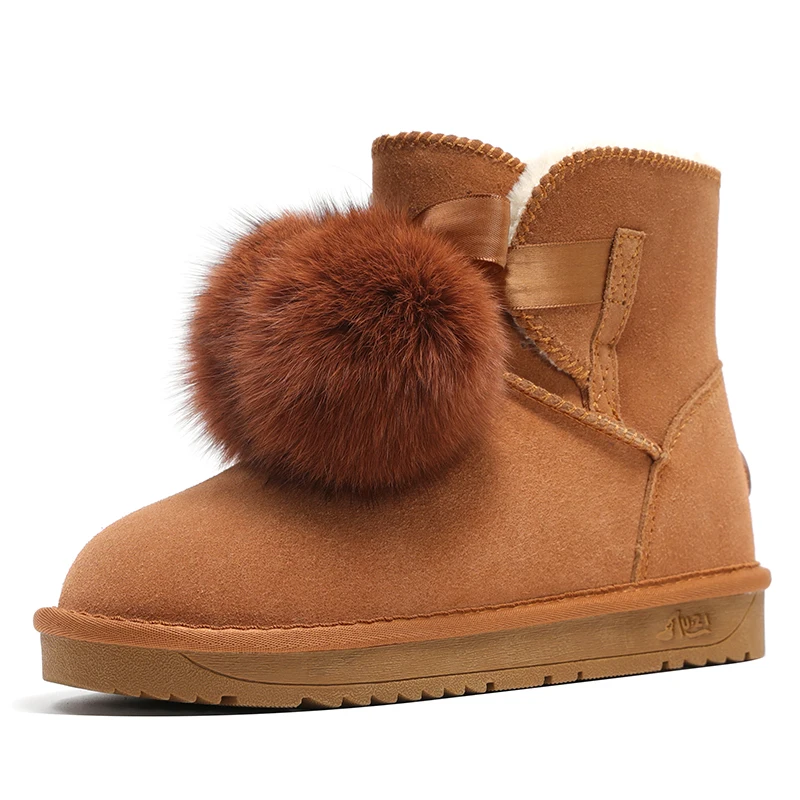 Г., зимние сапоги женские винтажные Зимние ботильоны из натуральной замши и плюша с меховыми помпонами Нескользящая водонепроницаемая обувь женские ботинки