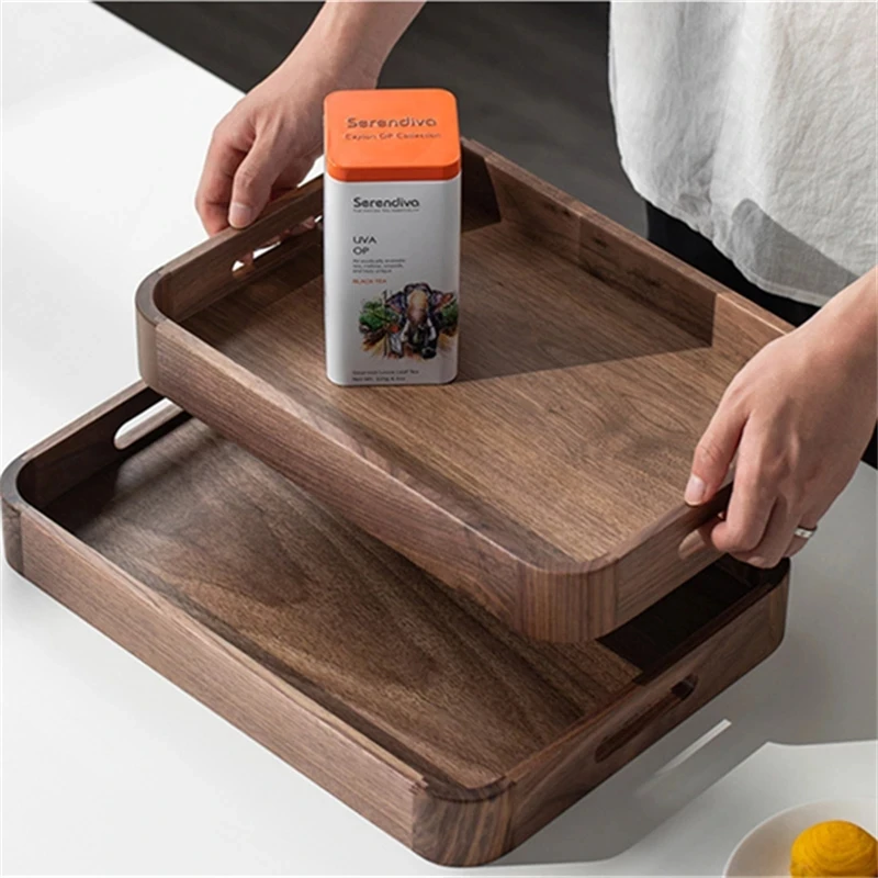 

Rectangle Black Walnut Solid Wood Tray Tea Coffee Cup Tray With Handle Hotel Restaurant Dinner Plate Food Fruit Storage Holder