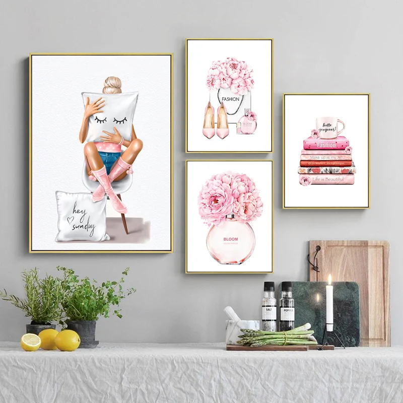

Fashion Perfume Flower Poster Pink Magazine Book Vogue Lady Modern Canvas Paintimg Wall Art Pictures for Girl Bedroom Decor