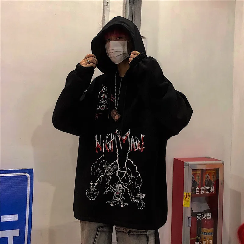 

Свободные повседневные женские толстовки в стиле Харадзюку, пуловеры, Женский свитшот с капюшоном и надписью граффити дьявола, осенние жен...