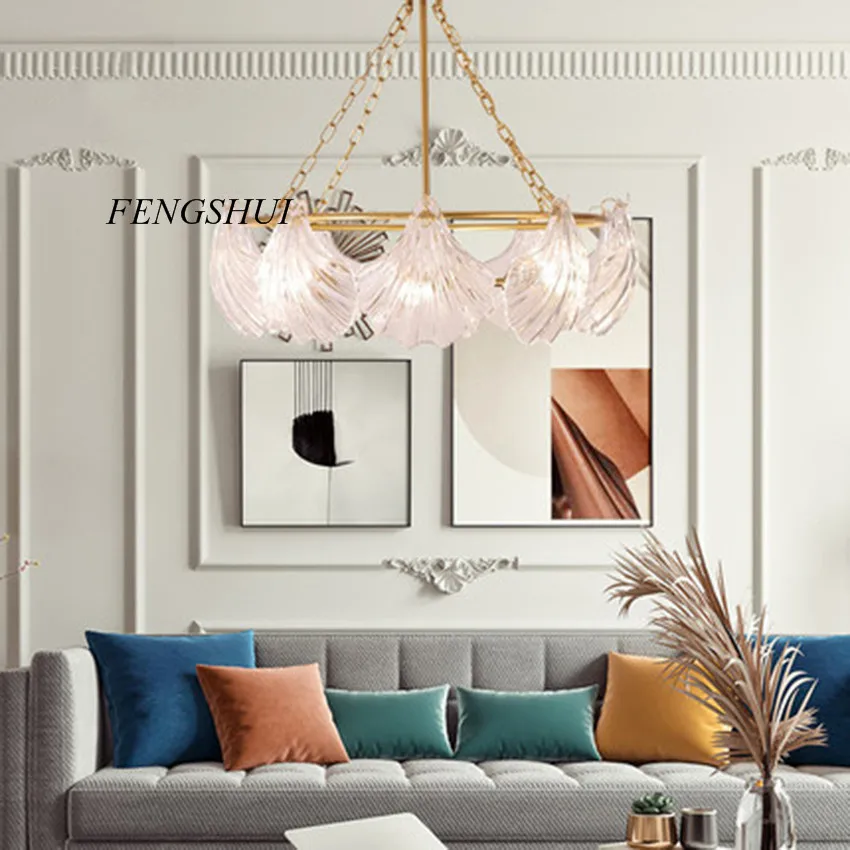 

Modern Luxury Brass Shell Glass LED Chandelier LOFT Restaurant Living Room Pendant Lamp Bedroom Bedside Decor Light Fixtures