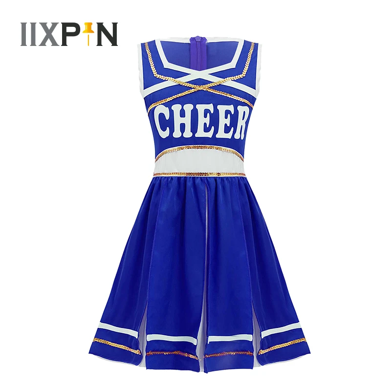 

Kids Girls Cheerleader Costume Cheerleading Dance Dress Sleeveless Letter Print Sequins Jazz Dancewear School Fancy Dress Outfit