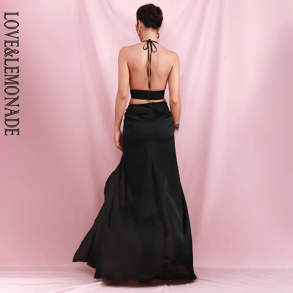 

LOVE & LEMONADE Sexy Black V-Neck Open Back Cut Out Put Split Party Maxi Dress LM82218