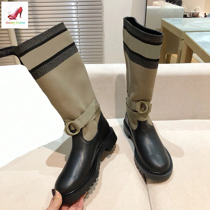 

COZOK Luxury Brand Designer Women Knee High Platform Boots Belt Buckles Genuine Leather Motorcycle Boots Slip on Ladies Shoes
