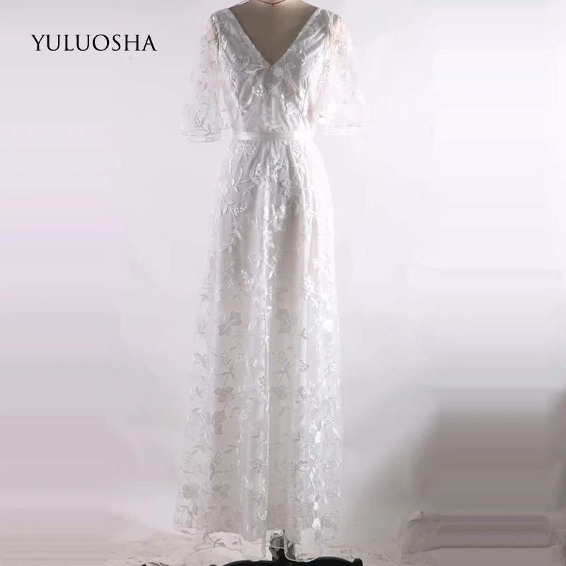 

YULUOSHA New Arrival Fashion Sexy V-Neck Backless Half Sleeve Applique Evening Dress Long Party Prom Formal Gowns Robe De Soiree
