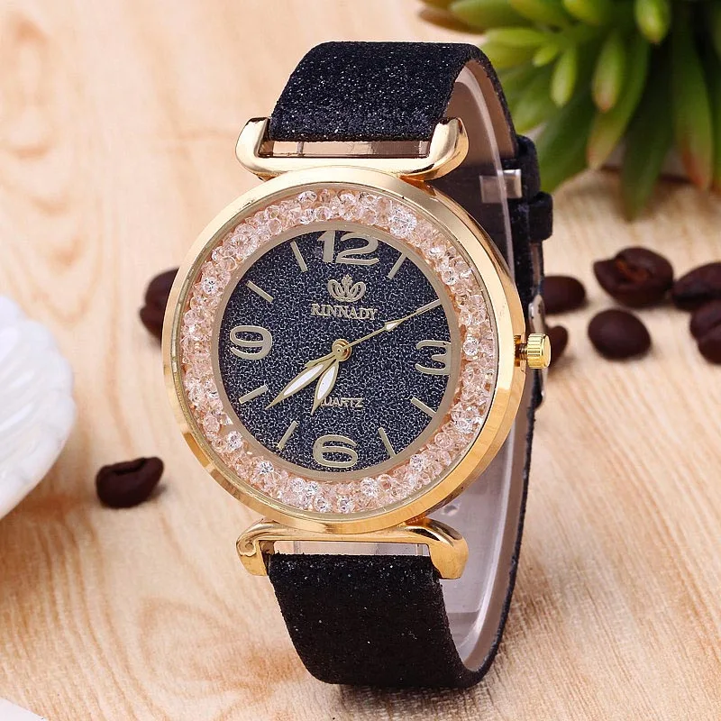 

Newest Women Watches Crystal Ball Big Dial Shiny PU Leather Strap Wristwatch Ladies Analog Quartz Watch Gift