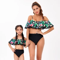 off shoulder mother daughter matching swimsuits family look flower mom baby mommy and me clothes ruffled women girls swimwear