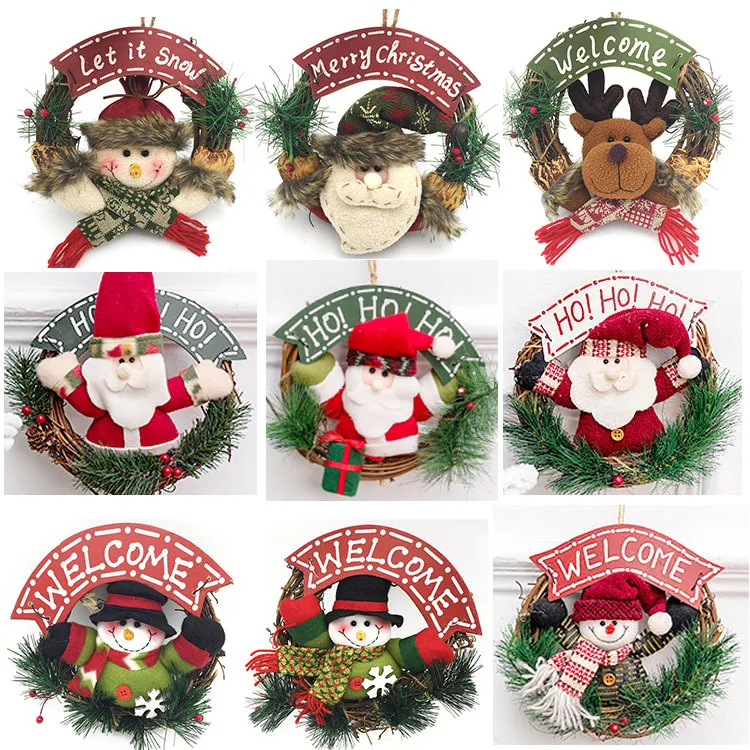 

23cm Wooden Christmas Wreath Santa Claus Vine Wreath Christmas Ornament Snowman Elk Doll Wreath Door Hanger