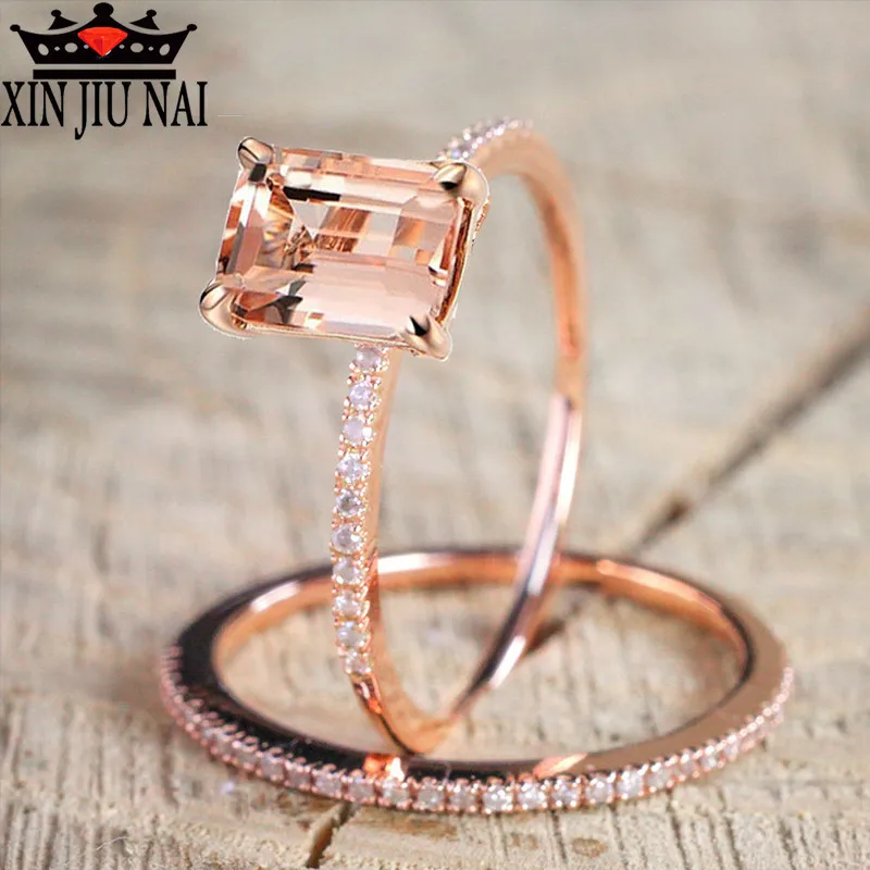 2/pcs Set Rose Gold Silver White Champagne Crystal Wedding Engagement Rings For Women Cubic Zirconia Elegant Ring | Украшения и