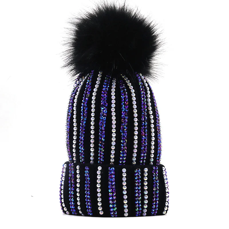 

Brand luxury Women's Pom Pearl Beanie Hat Spring Casual Polyester Shine Rhinestones Beanies For Women Skull Hats Bonnet Cap