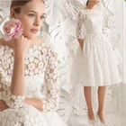 ТРАПЕЦИЕВИДНОЕ Короткое свадебное платье, элегантное кружевное короткое свадебное платье до колен с круглым вырезом и длинным рукавом, простое ТРАПЕЦИЕВИДНОЕ официальное платье для невесты, 2021