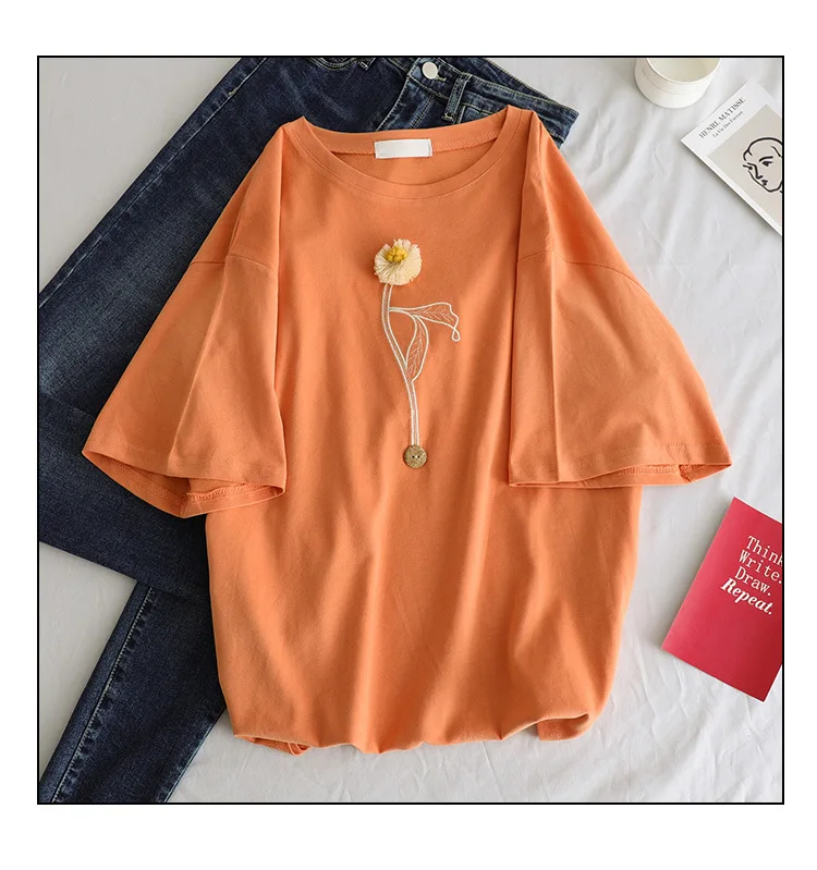 Хлопковая футболка с вышивкой одуванчика женская летняя коротким рукавом для