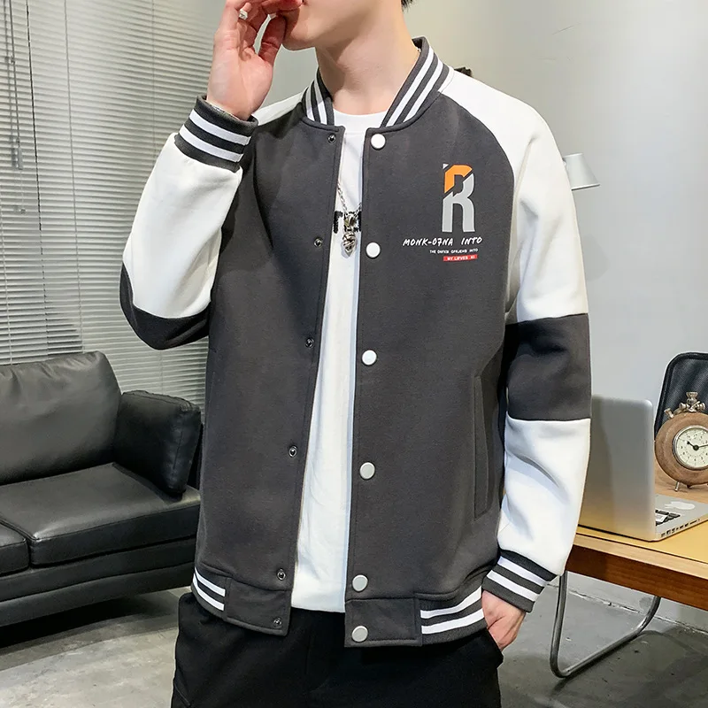 

2021 New Arrival Letter Rib Sleeve Cotton Embroidery Logo Single Breasted Casual Bomber Baseball Jacket Loose Cardigan Coat
