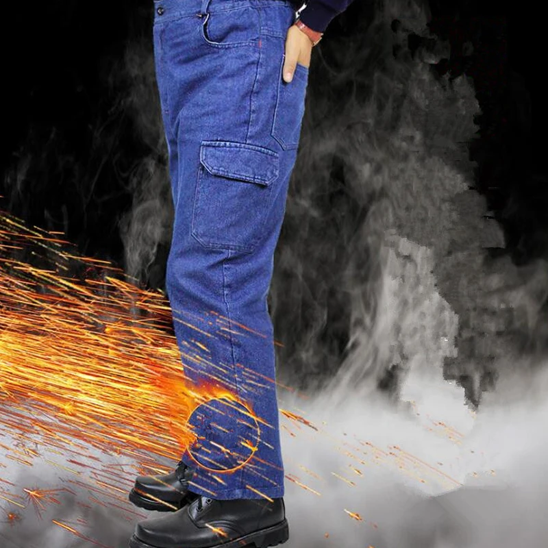 Men Work Jeans Denim Tool Working Trouser Anti-scalding Wear-resistant Thicken Multi-pockets Loose Electric Welding Pants | Безопасность