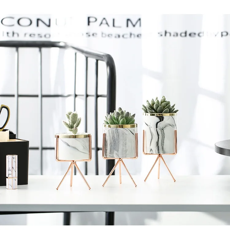 

Nordic Ceramic Flower Pot Iron Frame Flower Pot Vases Succulent Plant Pot Minimalist Creative Desktop Ornament Living Room Decor