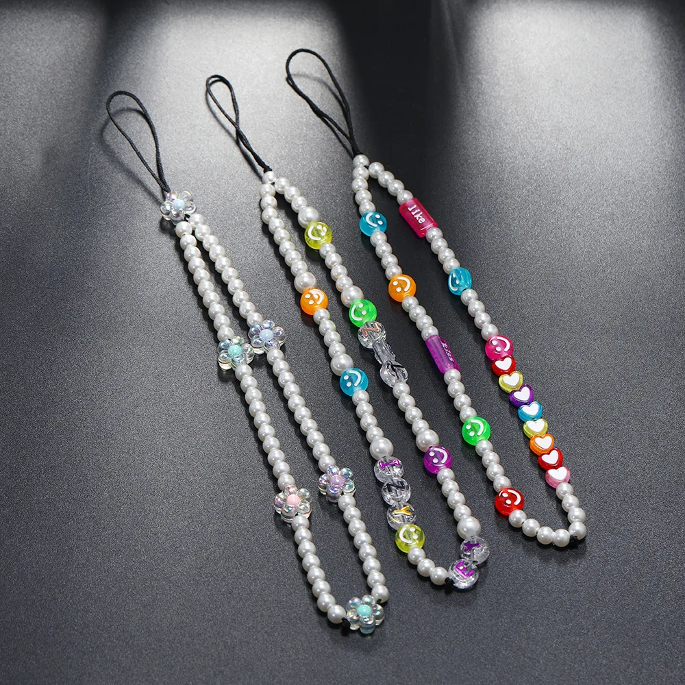 

Hip-Hop Style Transparent Flowers White Imitation Pearl Color Resin Smiley Heart-Shaped Mobile Phone Chain Women Lanyard Jewelry