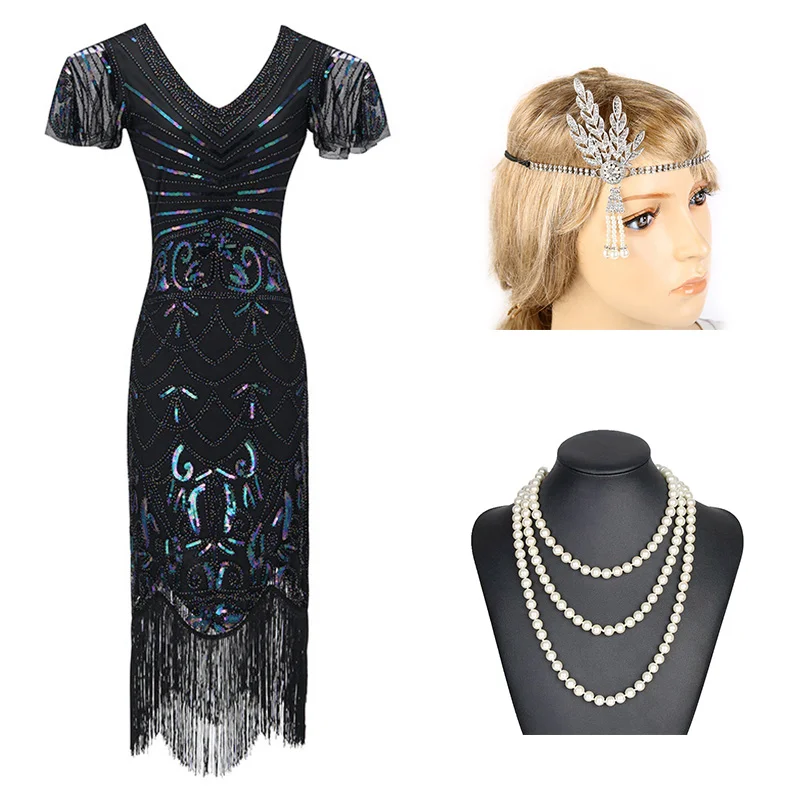 Black Set -B 1920s Гэтсби блесток бахромой Пейсли Хлопушка платье с 20s аксессуары набор xs, s, l, m, xl, xxl - Цвет: Black Set -B