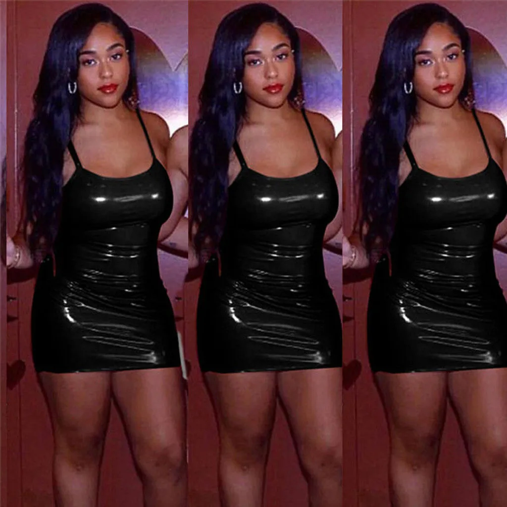 Женское соблазнительное однотонное мини-платье из искусственной кожи