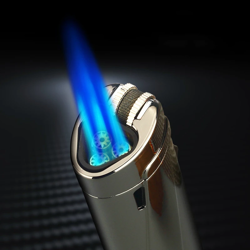 Portable Windproof Metal Lighter with Inflatable Grinding Wheel Switch and Three Straight Blue Flames - Ideal for Cigars, Welding, and More. image 2