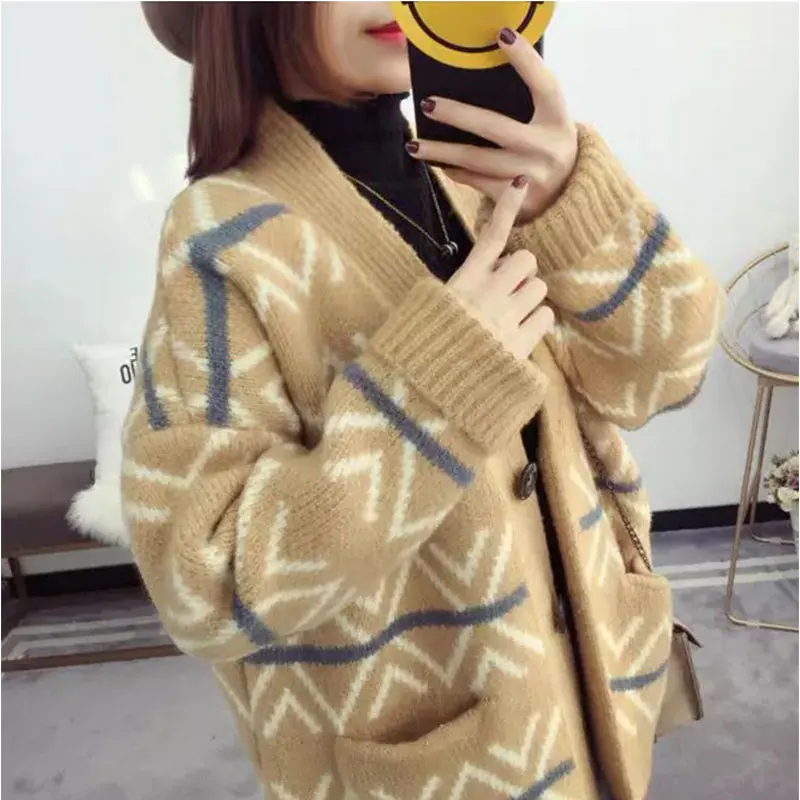 Повседневный осенне-зимний 2019 вязаный женский кардиган большого размера