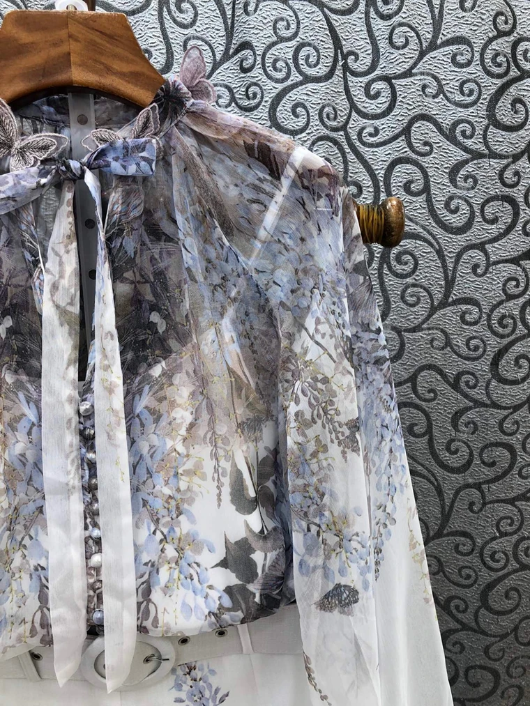 

Two Piece Set 2021 Summer Fashion Short Sets High Quality Women Purple Floral Print Long Sleeve Tops Shirts+Belt Short Suits