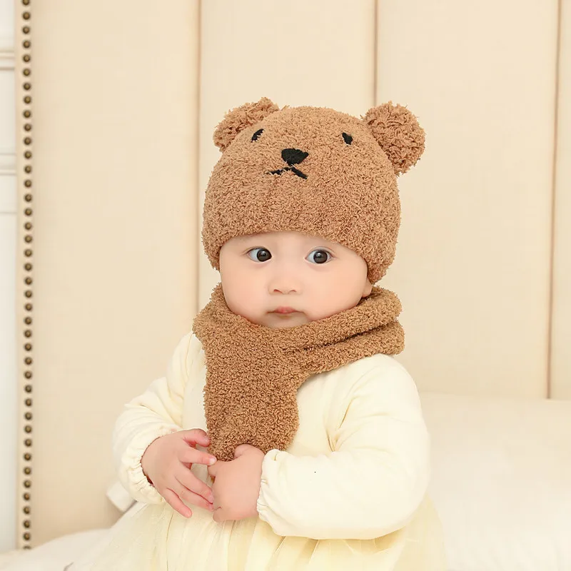 6-12 Months Baby Kids Girl Boy Cute Infant Winter Warm Crochet Knit Hat Beanie Cap+Scarf Solid Set Baby Hats Accessories