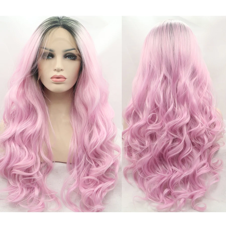 Парики Омбре черные розовые длинные волнистые синтетические волосы на шнуровке
